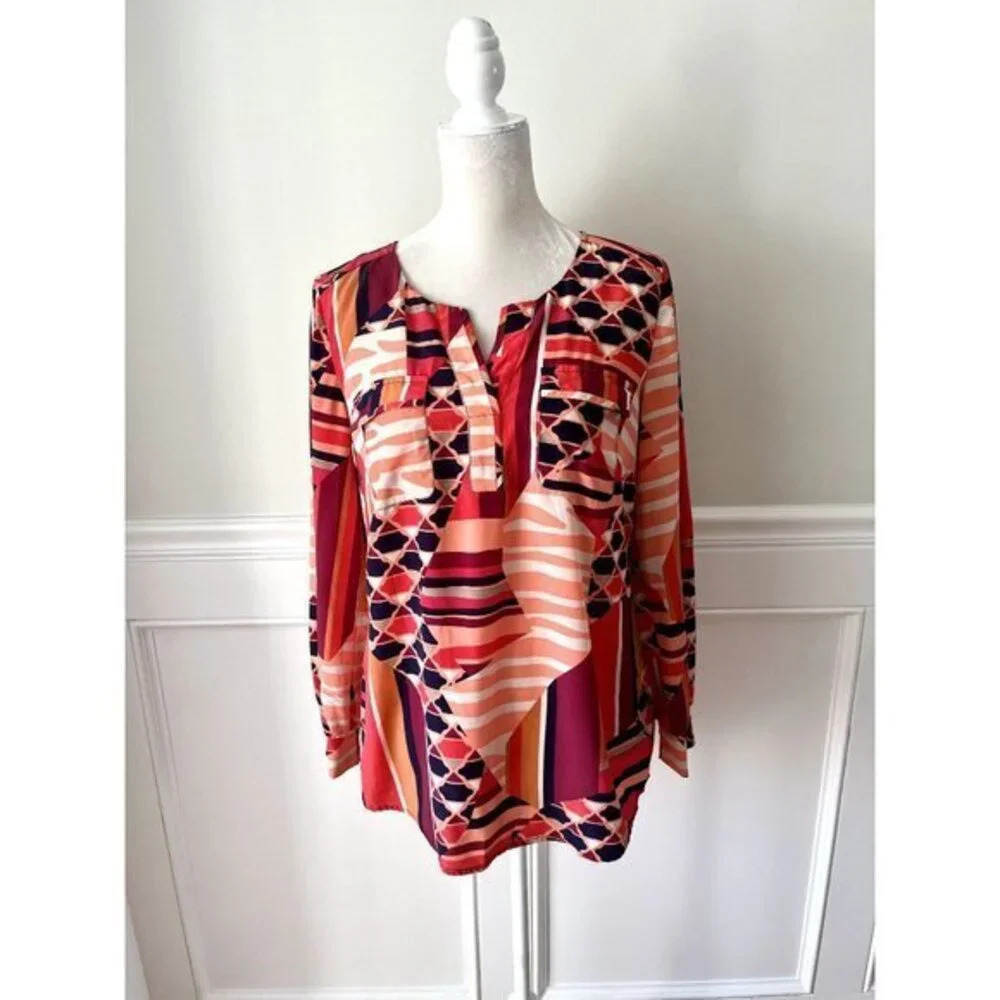 Style & Co Red Pink Popover Blouse Mixed Print S